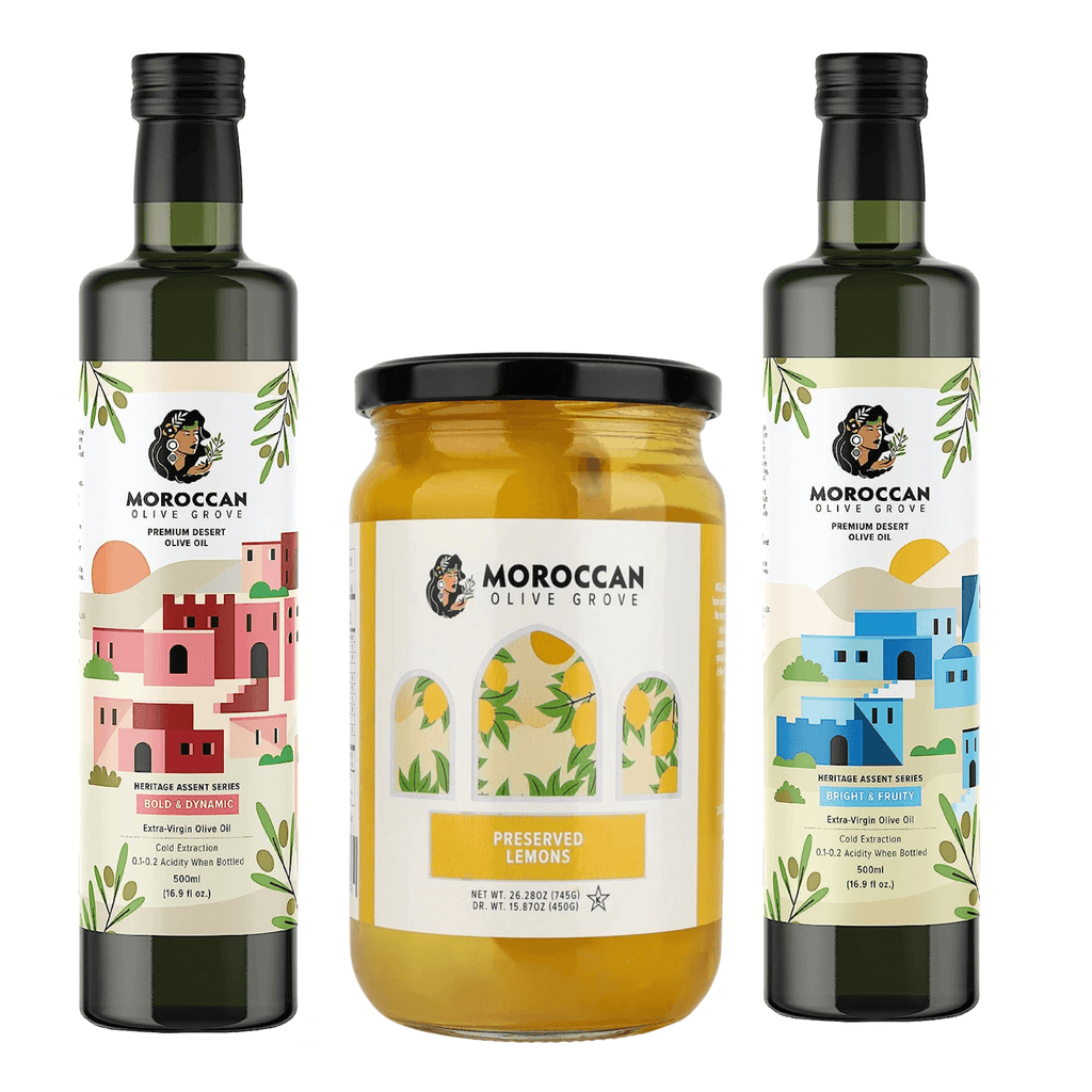 Moroccan Grove Preserved Lemons & Extra Virgin Olive Oil Premium Set - Cold Extracted Olive Oil, 100% Single Origin from Morocco, Polyphenol Rich - 2x 16.9 Fl oz (500ml) bottles & 1x 28 Fl oz Jar - Dos Olivos Markets