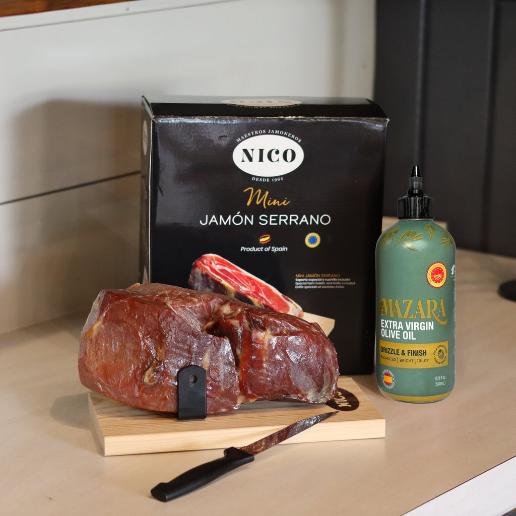Father’s Day Spanish Tapas Gift Bundle – Mini Serrano Ham with Stand & Mazara Olive Oil