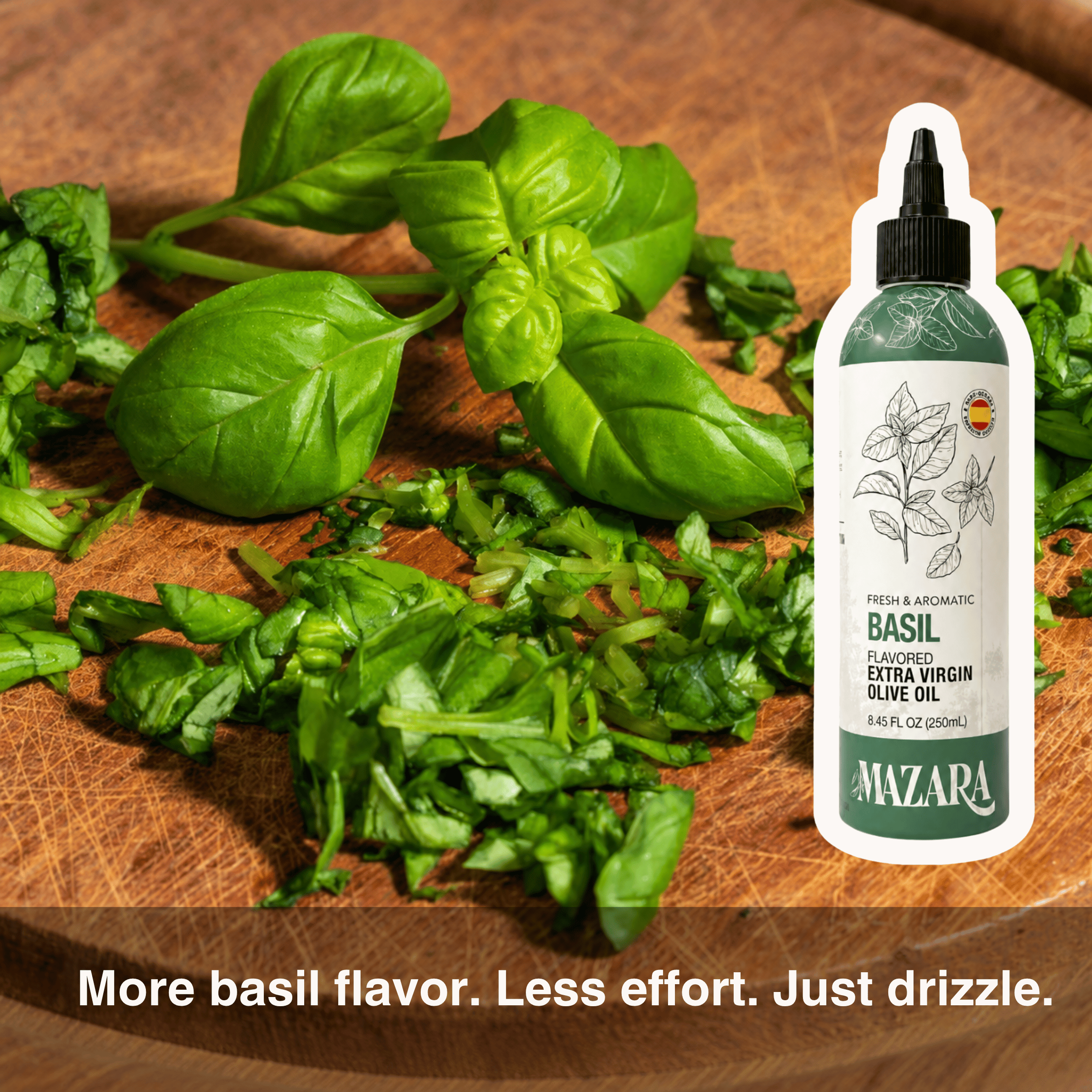 Basil Infused Olive Oil by Mazara, aroma of freshly chopped basil