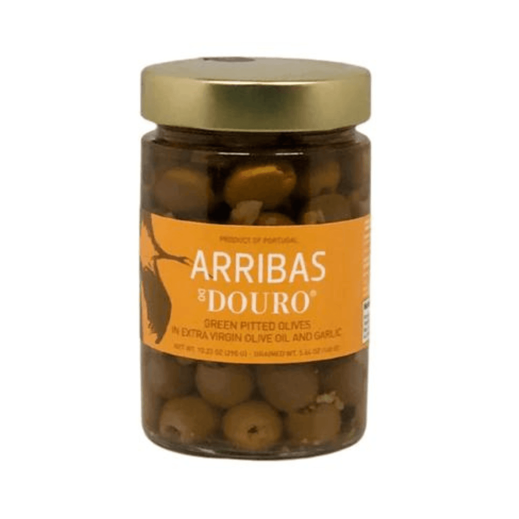 Arribas do Douro Portuguese Green Pitted Olives in Extra Virgin Olive Oil and Garlic - 17.63 oz. - Dos Olivos Markets