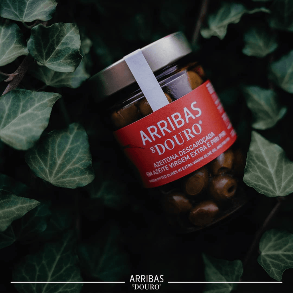 Arribas do Douro Portuguese Green Pitted Olives in Extra Virgin Olive Oil and Peri Peri - 17.63 oz. - Dos Olivos Markets