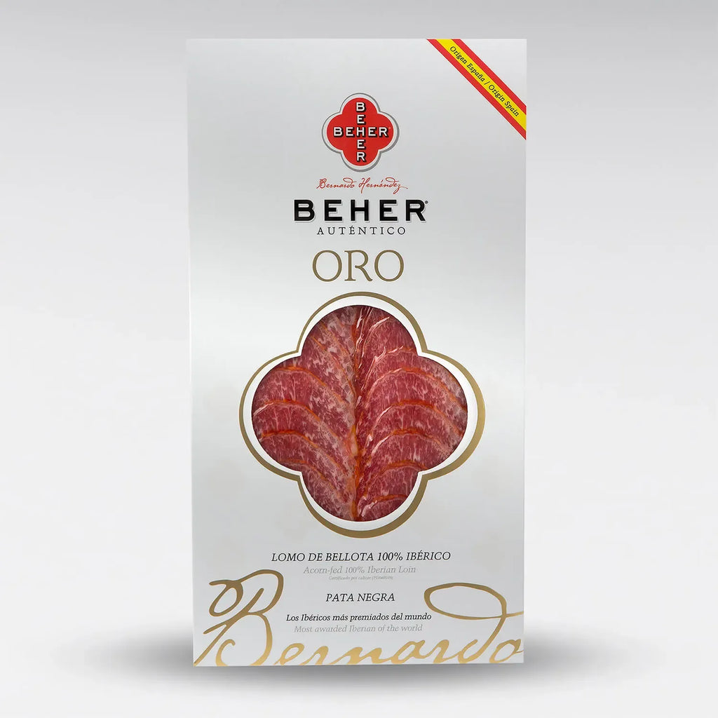 BEHER Sliced Acorn-Fed Lomo 100% Ibérico Pata Negra ORO – Premium Spanish Cured Pork Loin- Machine Sliced 6oz Tray