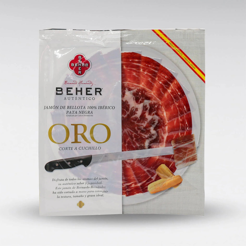 BEHER Sliced 100% Ibérico Bellota Ham – Hand-Carved Pata Negra Gold Label