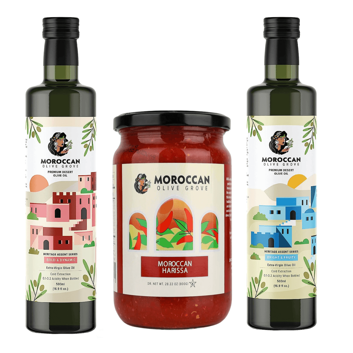 Moroccan Grove Harissa & Extra Virgin Olive Oil Premium Set - Cold ...