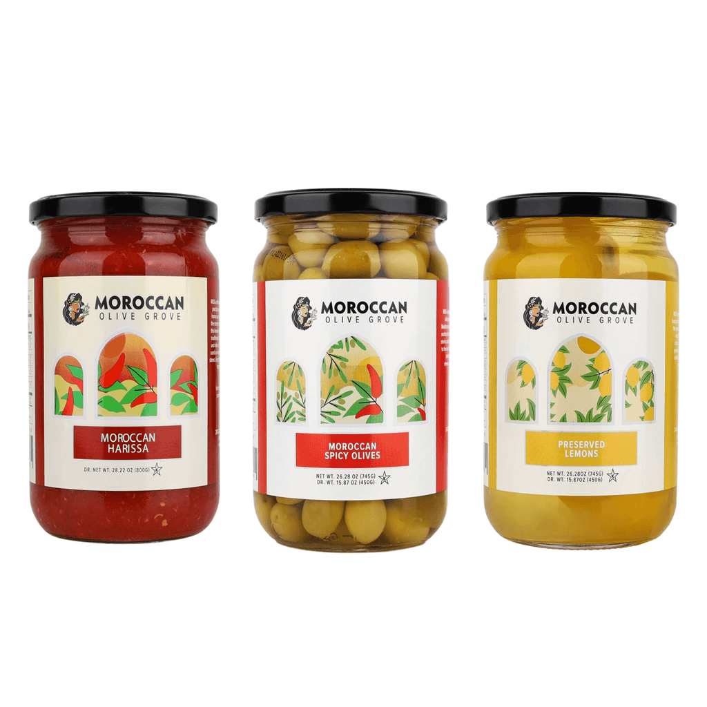 Moroccan Grove Harissa, Spicy Olives & Preserved Lemons Premium Set - 100% Single Origin from Morocco - 3x 28 Fl oz Jar - Dos Olivos Markets