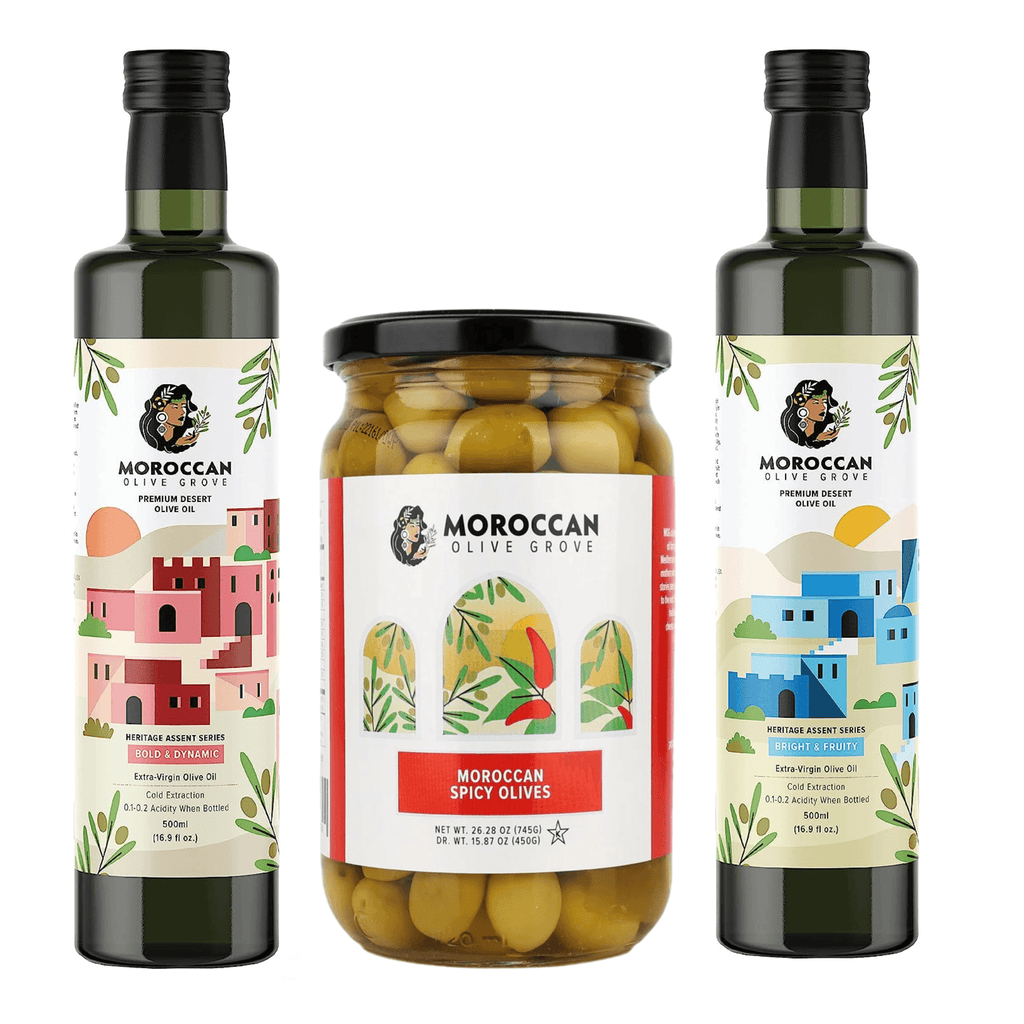 Moroccan Grove Spicy Olives & Extra Virgin Olive Oil Premium Set - Cold Extracted Olive Oil, 100% Single Origin from Morocco, Polyphenol Rich - 2x 16.9 Fl oz (500ml) bottles & 1x 28 Fl oz Jar - Dos Olivos Markets