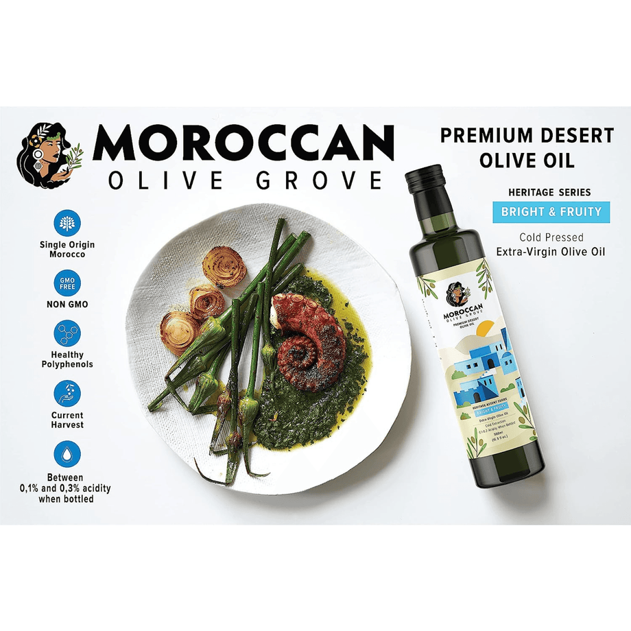 MOROCCAN OLIVE GROVE Premium Extra Virgin Olive Oil - 16.9oz Cold Extracted Single Origin