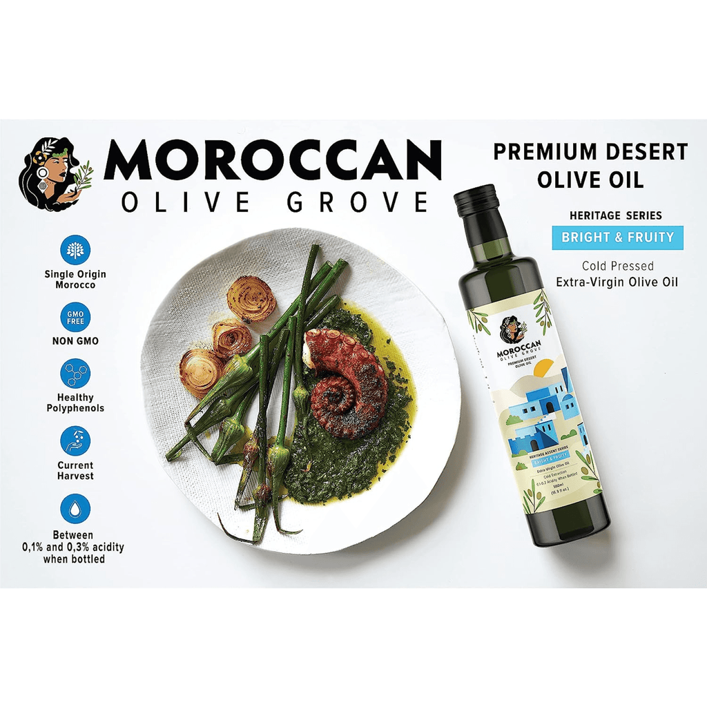MOROCCAN OLIVE GROVE - Bright & Fruity - Premium Desert Moroccan Extra Virgin Olive Oil, Cold Extracted, 100% Single Origin from Morocco, Polyphenol Rich - 16.9 Fl oz (500ml) - Dos Olivos Markets