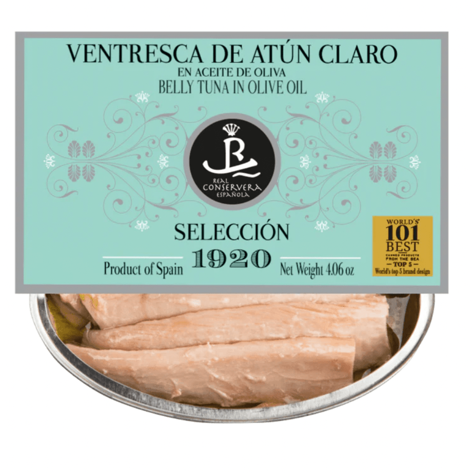 Real Conservera Española - Light Tuna Belly Pieces in Olive Oil & Curry - 4.06 oz. - Dos Olivos Markets